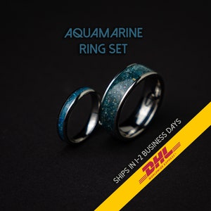 Aquamarine crystal ring set, mens, wedding ring set, aquamarine, matching rings, his and her, couple, ring, dome, comfort fit | Decazi