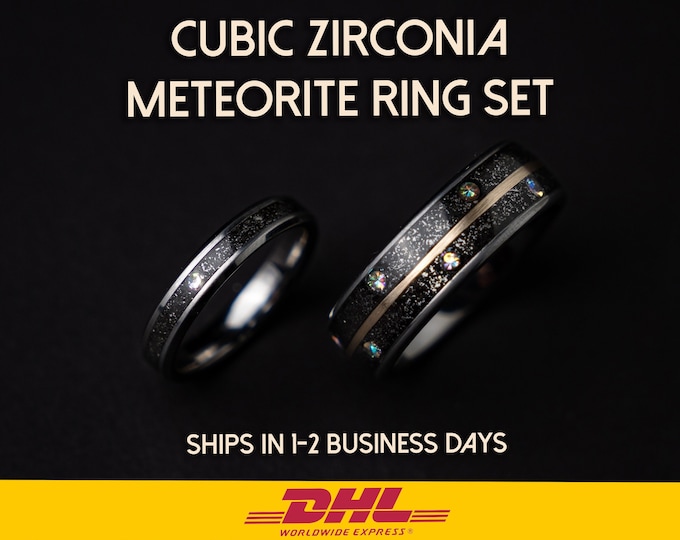 wedding ring set, Meteorite, cubic zirconia, couples rings, custom, matching, best friend, men, cool, promise, mens wedding band, ring