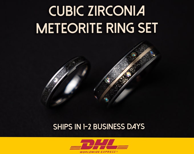 wedding ring set, Meteorite, cubic zirconia, couples rings, custom, matching, best friend, men, cool, promise, mens wedding band, ring