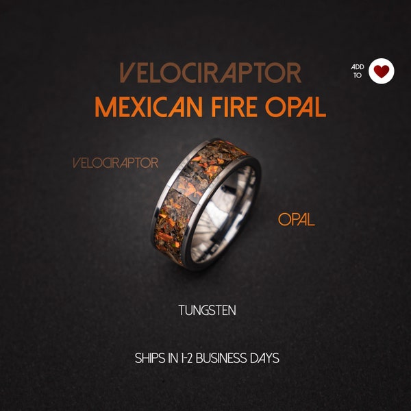 Anneau d’os de dinosaure Velociraptor, opale de feu mexicaine, anneau d’os de dinosaure météorite, anneau de météorite, bague en argent, bijoux de météorite faits à la main