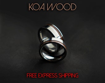 8mm Tungsten Carbide couples Rings with Hawaiian Koa Wood Inlay - Mens Wedding Ring - Womens Wedding Band - New Engagement Ring - Mens Ring