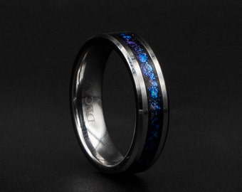 Deep Blue Opal Galaxy Ring for Men, Unique Tungsten Wedding Band, Astronomy Gift, Sentimental Ring Gift for Husband, Space Lover Jewelry