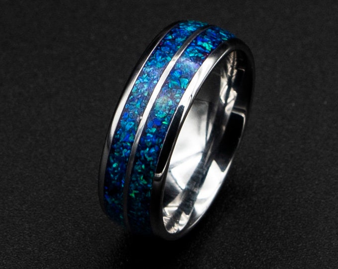 Glowstone tungsten ring. Man opal ring. unique mens ring. Galaxy opal, mens opal ring. crushed opal ring. 8mm ring, domed tungsten ring.