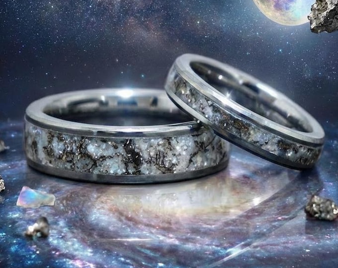Silver Tungsten Ring Set, Rainbow Moonstone & Muonionalusta Meteorite, 6mm 4mm Wedding Bands, Comfort Fit