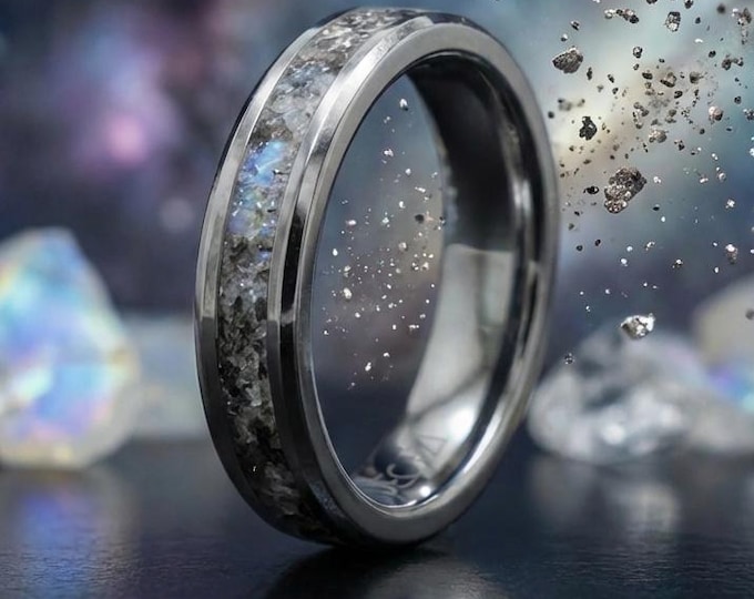 Silver Tungsten Ring, Rainbow Moonstone & Muonionalusta Meteorite, 4mm Comfort Fit Band