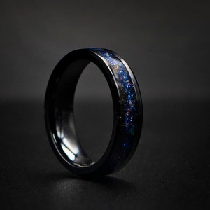 4mm black ceramic Opal Inlay Wedding Band, Unique Wedding Band, Galaxy Ring, Unique Galaxy Ring, Custom Wedding Ring 4mm