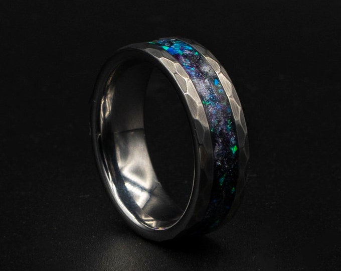 Galaxy opal ring with peacock green opal, Tungsten Opal Inlay Wedding Band, Galaxy Glowstone Ring, Unique Galaxy Ring, Custom Wedding Ring