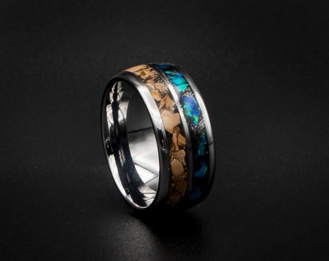 Tungsten ring with Carcharodontosaurus inlay, dinosaur ring, unique mens ring, Opal tungsten ring. Opal ring, meteorite ring