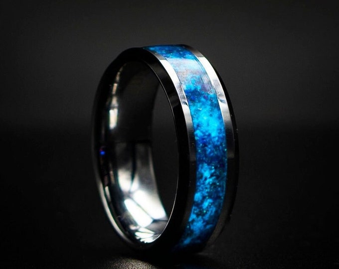 Glow in the dark Smooth Tungsten Opal Inlay Wedding Band, Unique Wedding Band, Galaxy Glowstone Ring, Unique Galaxy Ring,Custom Wedding Ring