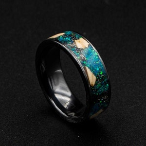 black Ceramic ring,  dinosaur bone fossil ring, green opal, opal engagement ring, mens wedding band, meteorite shavings, unique mens ring.