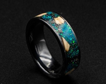 black Ceramic ring,  dinosaur bone fossil ring, green opal, opal engagement ring, mens wedding band, meteorite shavings, unique mens ring.