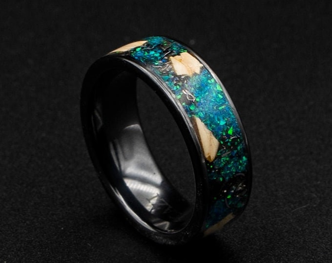 black Ceramic ring,  dinosaur bone fossil ring, green opal, opal engagement ring, mens wedding band, meteorite shavings, unique mens ring.