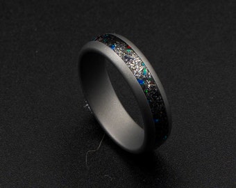 mens meteorite wedding band, galaxy opal ring, red opal, green opal, sandblasted tungsten ring, gunmetal ring, Muonuonalusta meteorite dust.