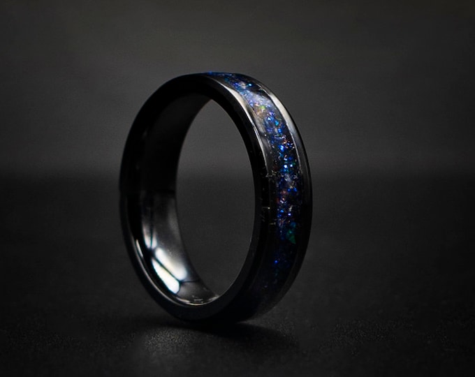 4mm black ceramic Opal Inlay Wedding Band, Unique Wedding Band, Galaxy Ring, Unique Galaxy Ring, Custom Wedding Ring 4mm