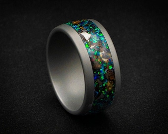 Sandblasted tungsten ring, Pallasite metoerite ring, opal ring, mens wedding band, engagement ring, dinosaurbone ring, fossil ring.