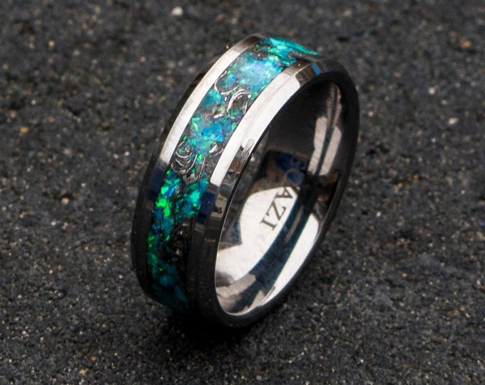 mens tungsten ring. mens opal ring. Tungsten rings. meteorite opal ring. unique opal ring. unique tungsten ring