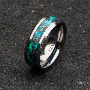 mens tungsten ring. mens opal ring. Tungsten rings. meteorite opal ring. unique opal ring. unique tungsten ring image 1