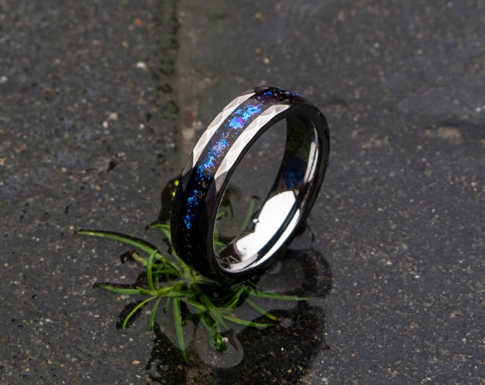 blue mens galaxy ring. Galaxy chameleon flakes. Tungsten ring for men. meteorite ring. Hammered. wedding band men. ring with galaxy inlay
