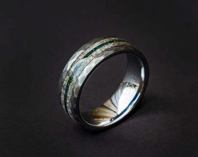 Faceted Hammered Tungsten Ring | Black Opal Inlay + Mokume Gane Shavings | Aqua Glow | Optional Meteorite Dust