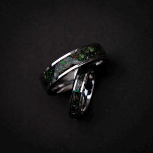 dinosaur fossil ring set, tungsten wedding band set, dark green opal ring, meteorite wedding band, glow inlay ring, unique couples ring set, engraved wedding rings, fossil gemstone ring, cosmic wedding band