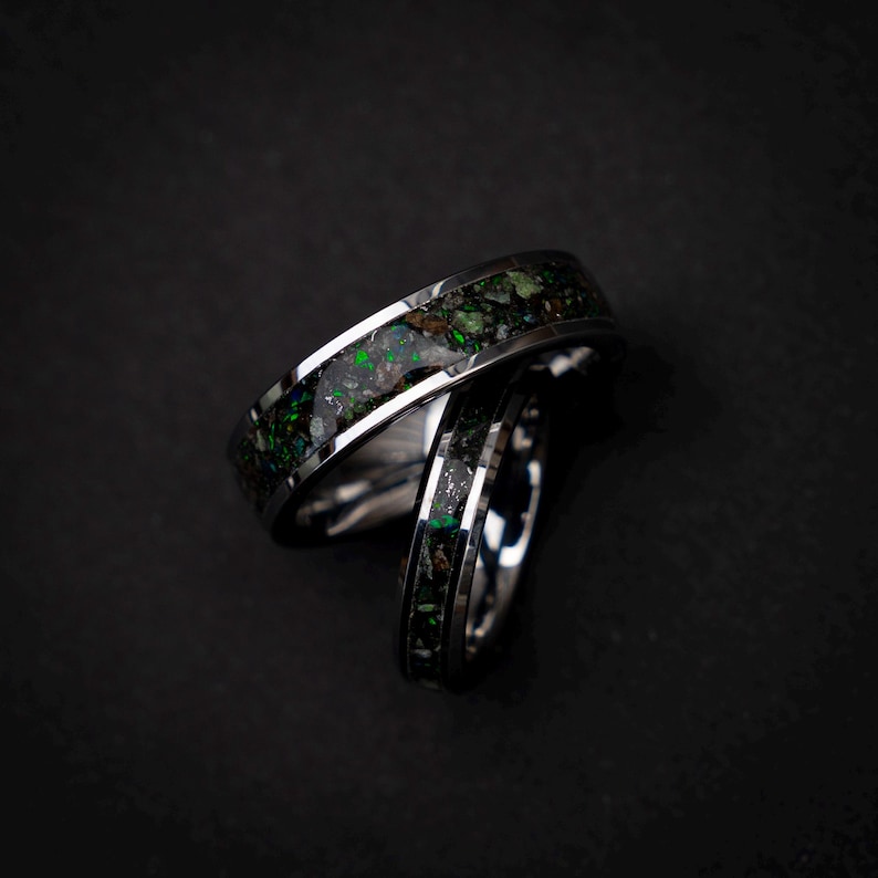 dinosaur fossil ring set, tungsten wedding band set, dark green opal ring, meteorite wedding band, glow inlay ring, unique couples ring set, engraved wedding rings, fossil gemstone ring, cosmic wedding band