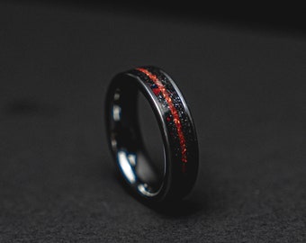 Meteorit-Wolfram-Ring Männer, roter Opalring, Herren Ehering, Herrenring, Ehering Männer, 6 mm breiter Ring.