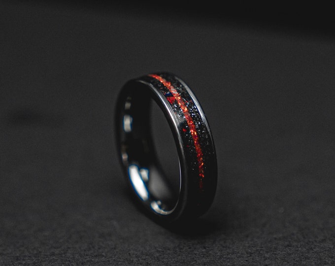 Meteorite tungsten ring men, Red opal ring, mens wedding band, mens ring, wedding band men, 6mm wide ring.