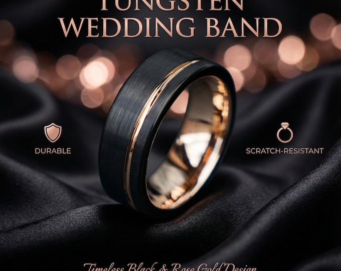 8mm Black Tungsten Ring with Gold Groove Mens, Womens, Wedding Ring, Wedding Band, Engagement Ring, Promise Ring, Men's Ring | Decazi