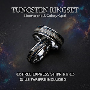 His and Hers Ehering, Weltraum Paarring, Silber Wolfram Ring, Einzigartiges Ehering Set, handgefertigter Schmuck, Galaxy Fire Opal
