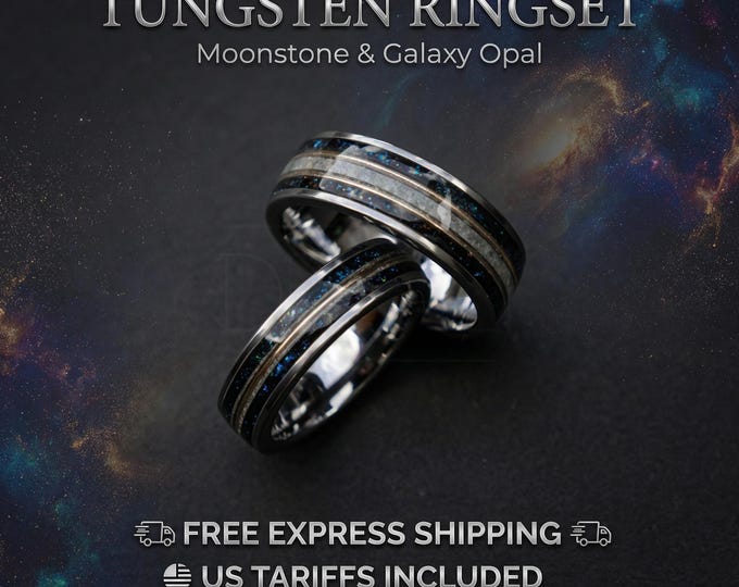 His and Hers Wedding Band, Outer Space Couples Ring, Silver Tungsten Ring, Unique Wedding Ring Set, Handmade Jewelry, Galaxy Fire Opal