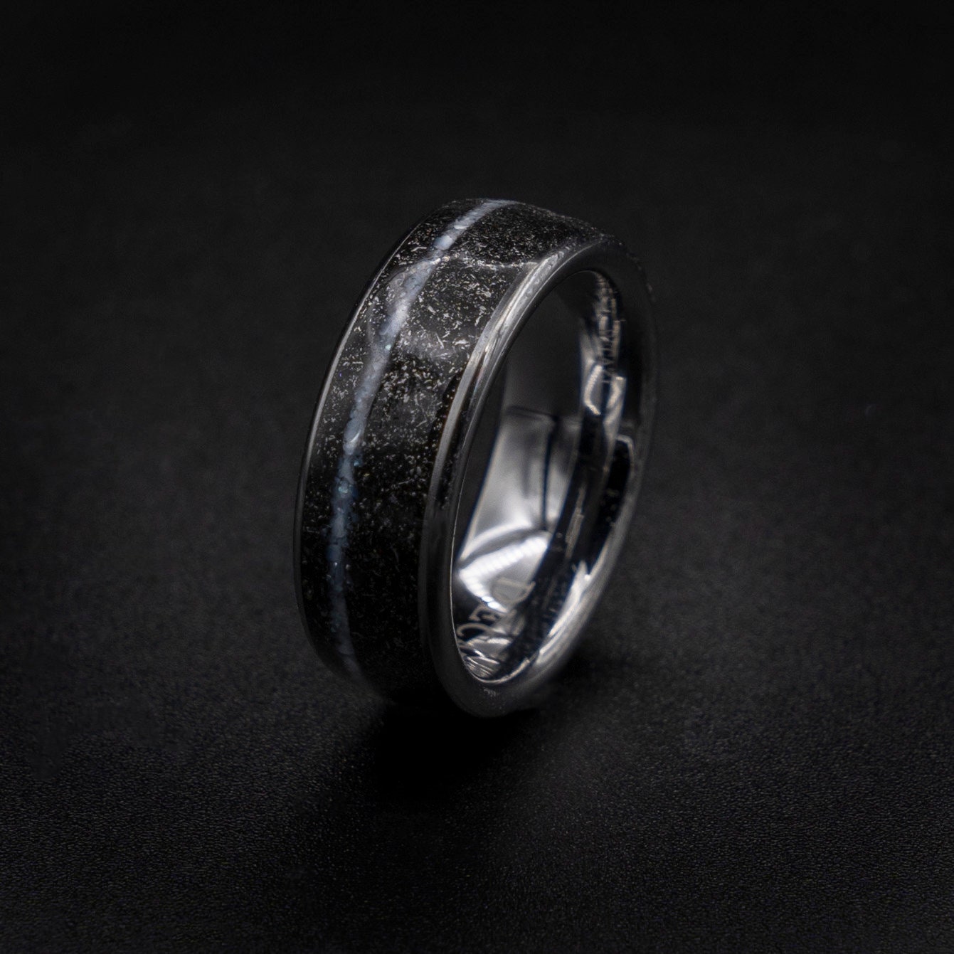 Meteorite tungsten ring men, crushed pearl ring, mens