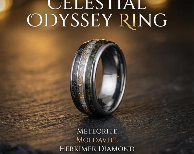 Modavite, Herkimer Diamond and Meteorite mixed with 18k Gold Leaf, Silver Tungsten Wedding Engagement Promise Ring