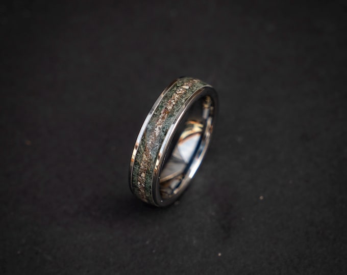 Handmade Silver Tungsten Ring with Moss Agate & Spinosaurus Fossil Inlay  | Custom 6mm Nature-Inspired Ring | Fossil Jewelry, Unique Mens.