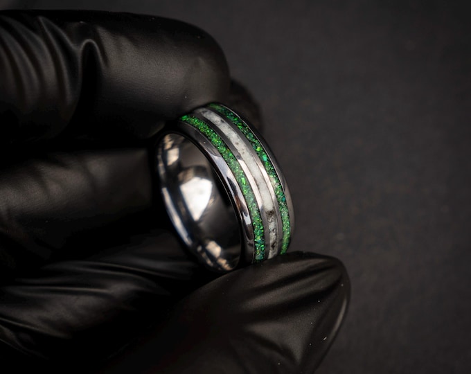 8mm Silver Tungsten Ring with Bright Green Opal & Rainbow Moonstone Triple Inlay, Unique Wedding Band, Sizes 5-13