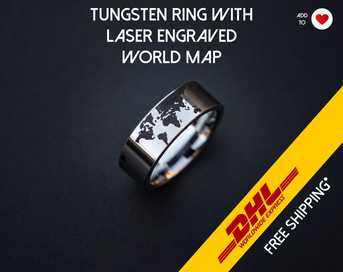 Silver Tungsten Ring with laser engraved world map - silver engraved Wedding Band - Mens Womens Engagement, Promise Ring, handmade | Decazi