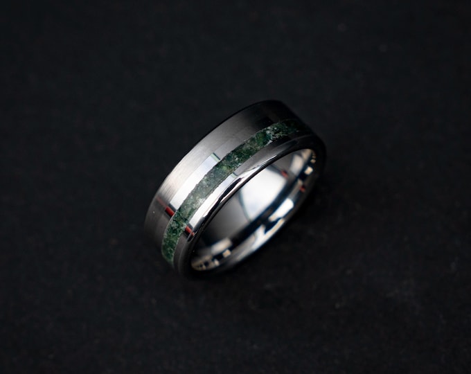 Tungsten Ring with Genuine Moss Agate Inlay • Nature Inspired Wedding Band • Durable Men’s Tungsten Carbide Ring • Green Gemstone Inlay Ring
