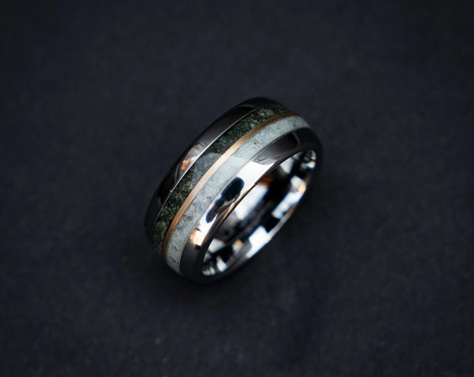 Handmade Silver Tungsten Ring with Moss Agate Inlay & Dinosaur Fossil Pieces | Unique Custom Mens/Womens Ring | Nature Inspired Gift