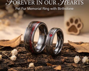 His and Hers Pet Fur Rings 8mm 4mm, Matching Tungsten Memorial Keepsake Bands with Birthstone Color Opal