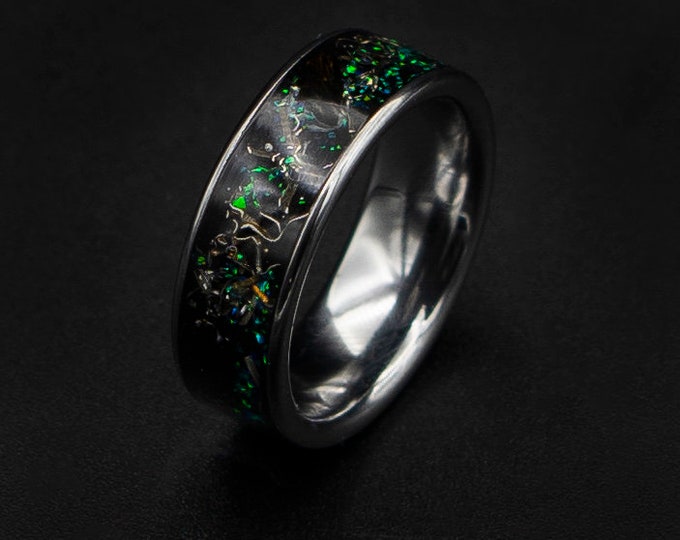 Megalodon/Velociraptor Dinosaur Bone Ring, Mens Dinosaur Bone Wedding Band, Mens Black Opal Ring, Mens Wedding Band, Mens Dinosaur Ring