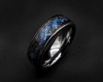 Lapis lazuli ring, gold Meteorite ring, wedding band mens, raw gemstone ring, mens, gold wire ring, gold ring band, tungsten ring men