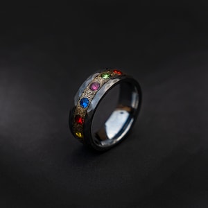 The Six Stones Mens Ring, Comic Book Inspired Cubic Zirconia Ring, Tungsten Engagement Ring, Superhero Jewelry, Anime Fan Art Gift