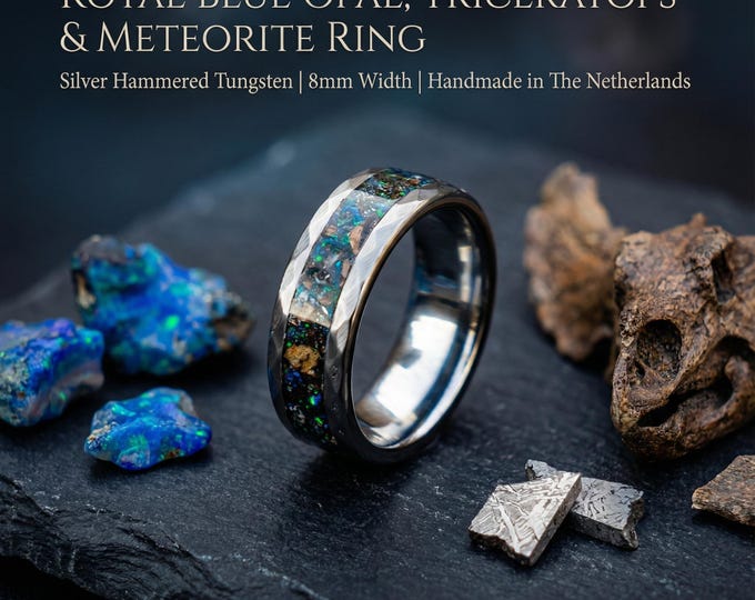 Hammered Tungsten Ring with Triceratops Dinosaur Bone, Muonionalusta Meteorite & Royal Blue Opal – Silver 8mm Men's Wedding Band