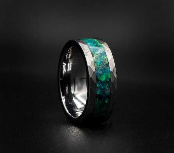Hand Hammered Tungsten Opal Inlay Wedding Band Unique Wedding