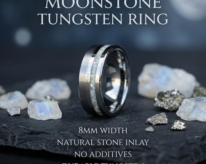 Men's Tungsten Wedding Band – 8mm Brushed Tungsten Ring with White Opal Inlay – Durable Engagement Ring, Anniversary Band, Promise Ring