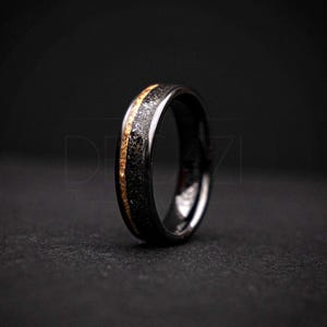 Black Ceramic Meteorite Ring 6mm | Muonionalusta Meteorite Dust + 18K Gold Leaf Inlay | Comfort Fit Men’s Band