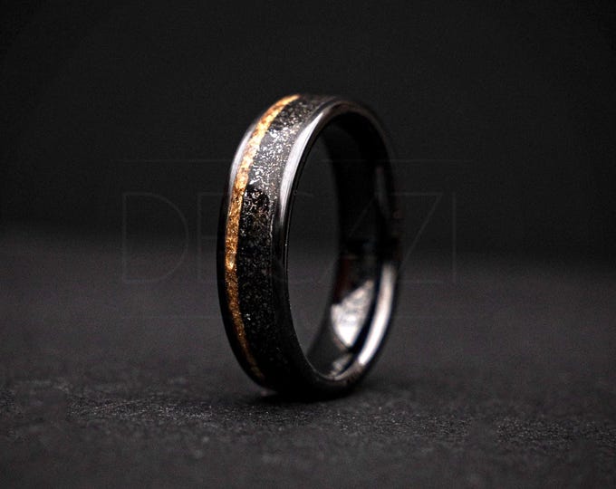 Black Ceramic Meteorite Ring 6mm | Muonionalusta Meteorite Dust + 18K Gold Leaf Inlay | Comfort Fit Men’s Band