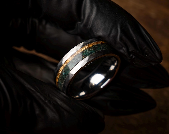 Faceted Silver Tungsten Ring with Moss Agate & Gold Foil | Unique Wedding Band for Men or Women | Elegant and Durable Design | Decazi |