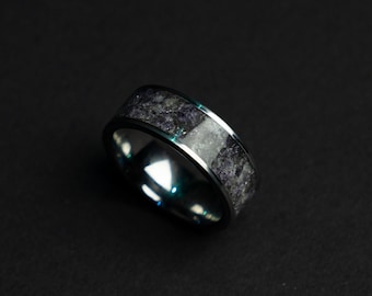 Amethyst Crystal Tungsten Ring, Purple Gemstone Crystal Inlay Wedding Band, Eternity Ring for Him, Couples Ring, February Birthstone Ring