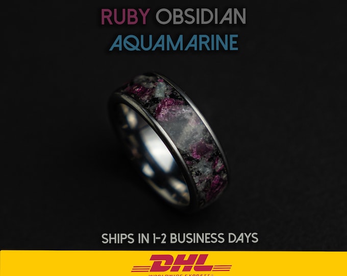 raw gemstone ring, ruby engagement rings, aquamarine ring men, genuine ruby ring, aquamarine crystal, black obsidian, ruby tungsten ring