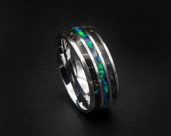 Men's Tungsten Megalodon Tooth Ring, Velociraptor Dinosaur Bone Wedding Band, Men's Opal Tungsten Ring, Fossil Jewelry for Him